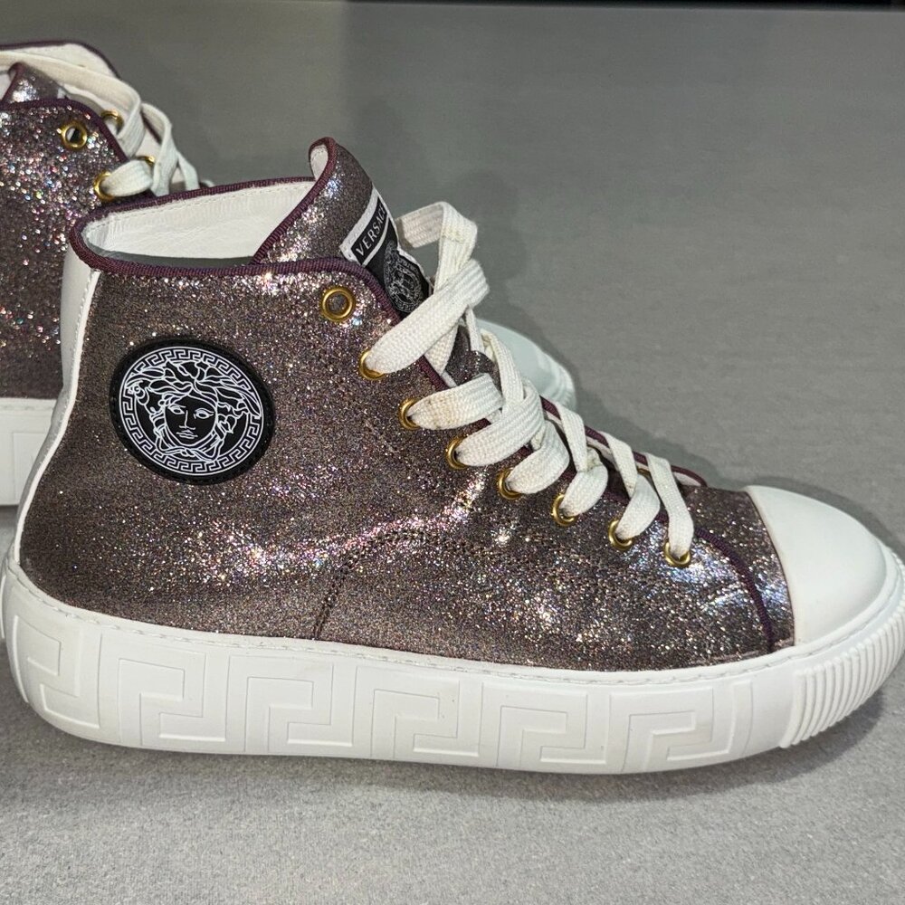 AUTHENTIC WOMENS VERSACE GRECA GLITTER HI TOP SNEAKERS SHOES SIZE 38 8US  $800++